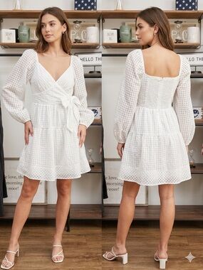 Petal & Pup White Textured V-Neck Mini Dress with Waist Tie
